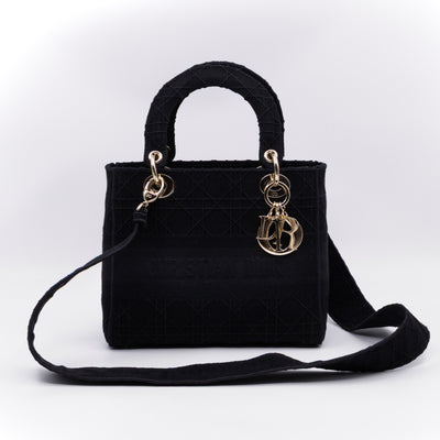Lady D-Lite Medium Black Canvas Embroidery Cannage