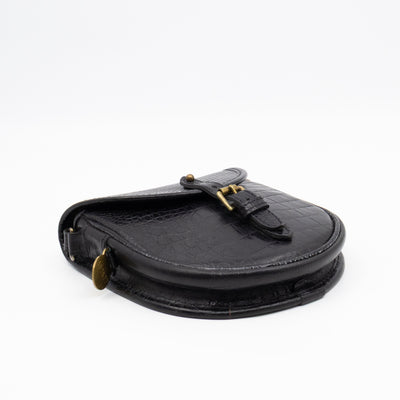 Vintage Crossbody Bag Black Croc Embossed Leather
