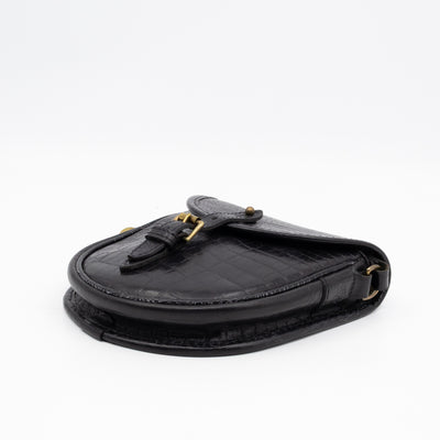 Vintage Crossbody Bag Black Croc Embossed Leather