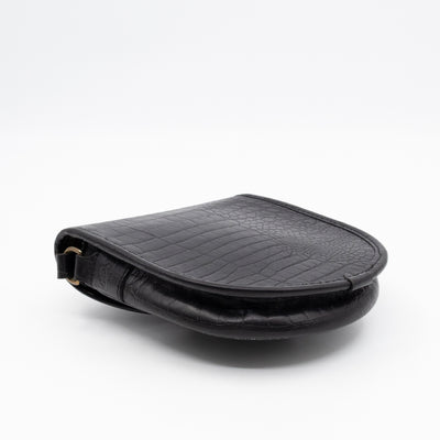 Vintage Crossbody Bag Black Croc Embossed Leather