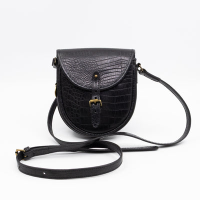 Vintage Crossbody Bag Black Croc Embossed Leather