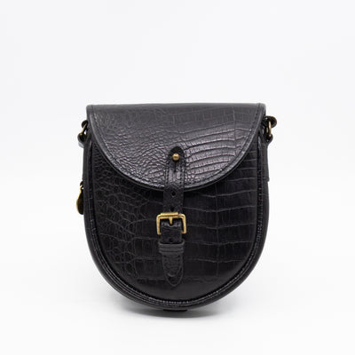 Vintage Crossbody Bag Black Croc Embossed Leather