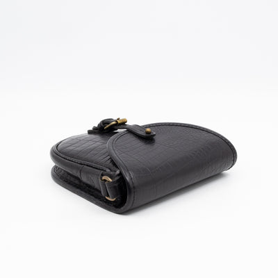 Vintage Crossbody Bag Black Croc Embossed Leather