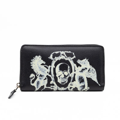 Long Zip Around Wallet Printed Black Leather