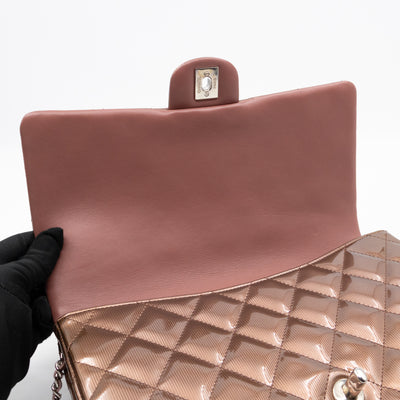 Timeless Clutch with Chain Bronze Striated Patent Leather
