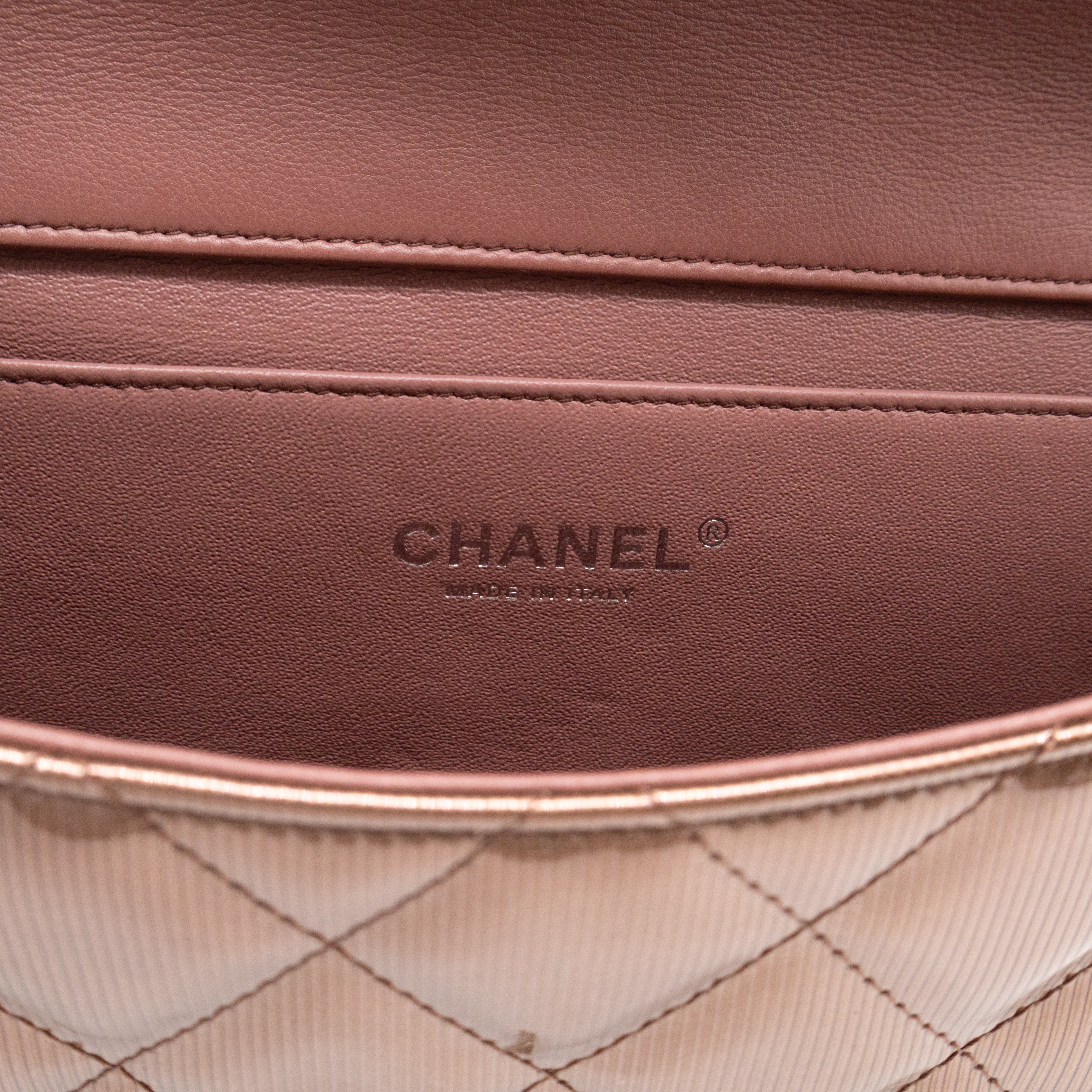 Timeless Clutch with Chain Bronze Striated Patent Leather