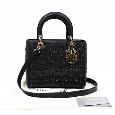Lady Dior Medium Embellished Beads Cannage Black Leather