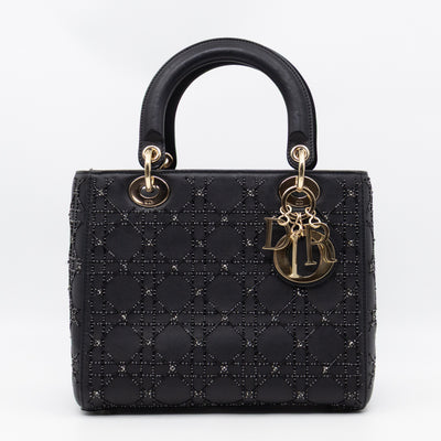 Lady Dior Medium Embellished Beads Cannage Black Leather