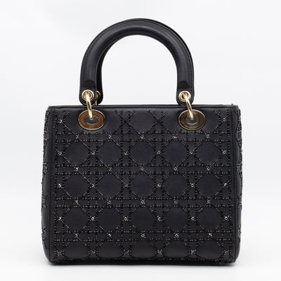 Lady Dior Medium Embellished Beads Cannage Black Leather
