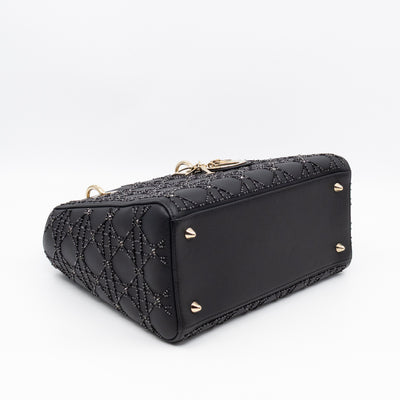 Lady Dior Medium Embellished Beads Cannage Black Leather