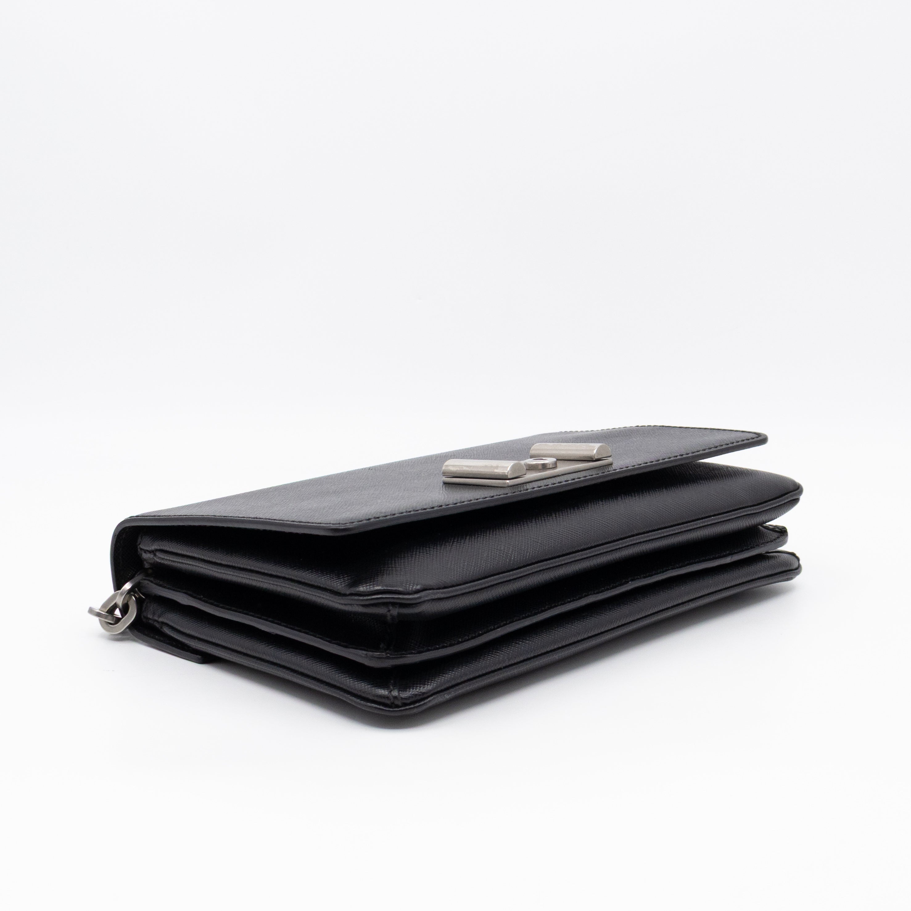 Chain Lock Flap Shoulder Bag Black Saffiano Leather
