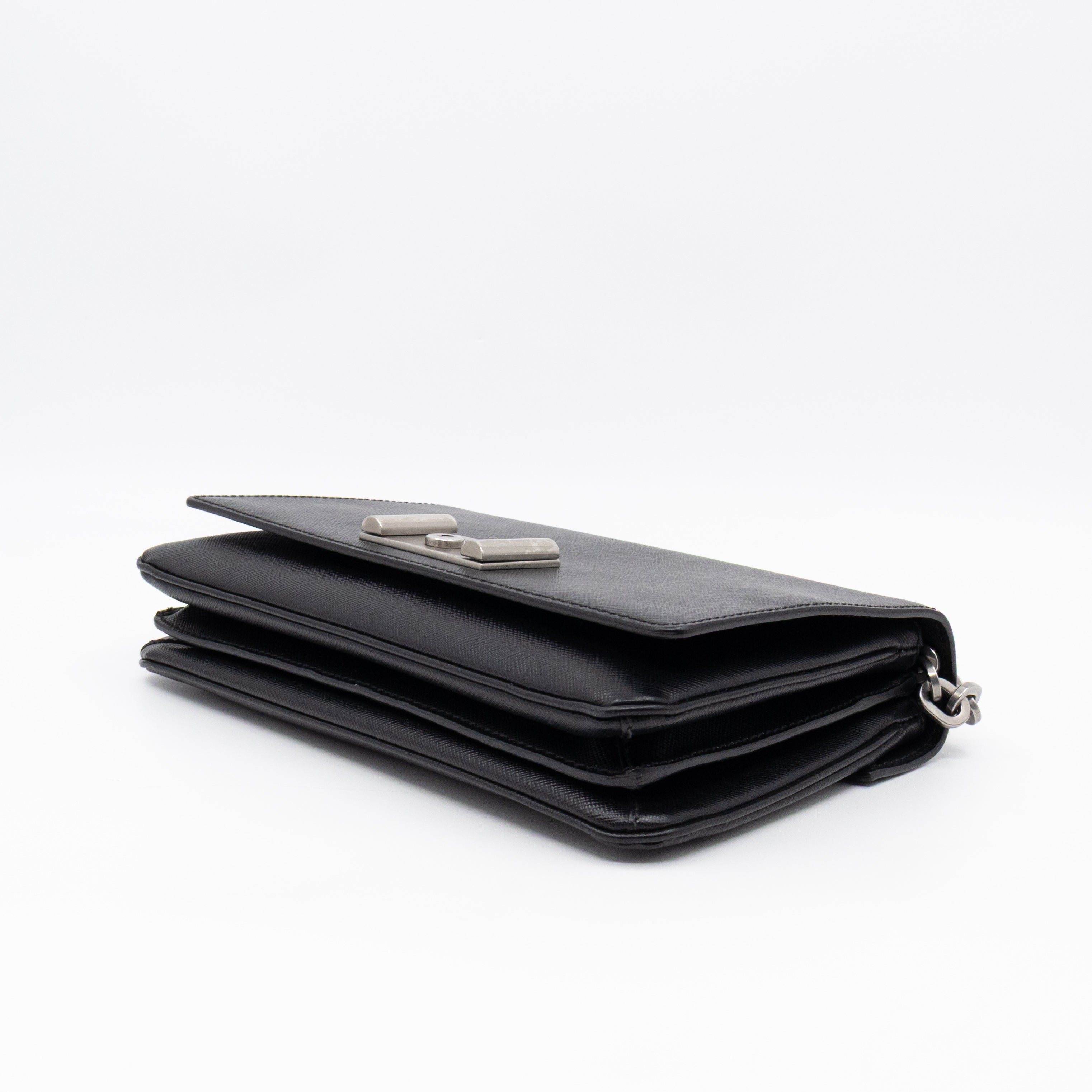 Chain Lock Flap Shoulder Bag Black Saffiano Leather