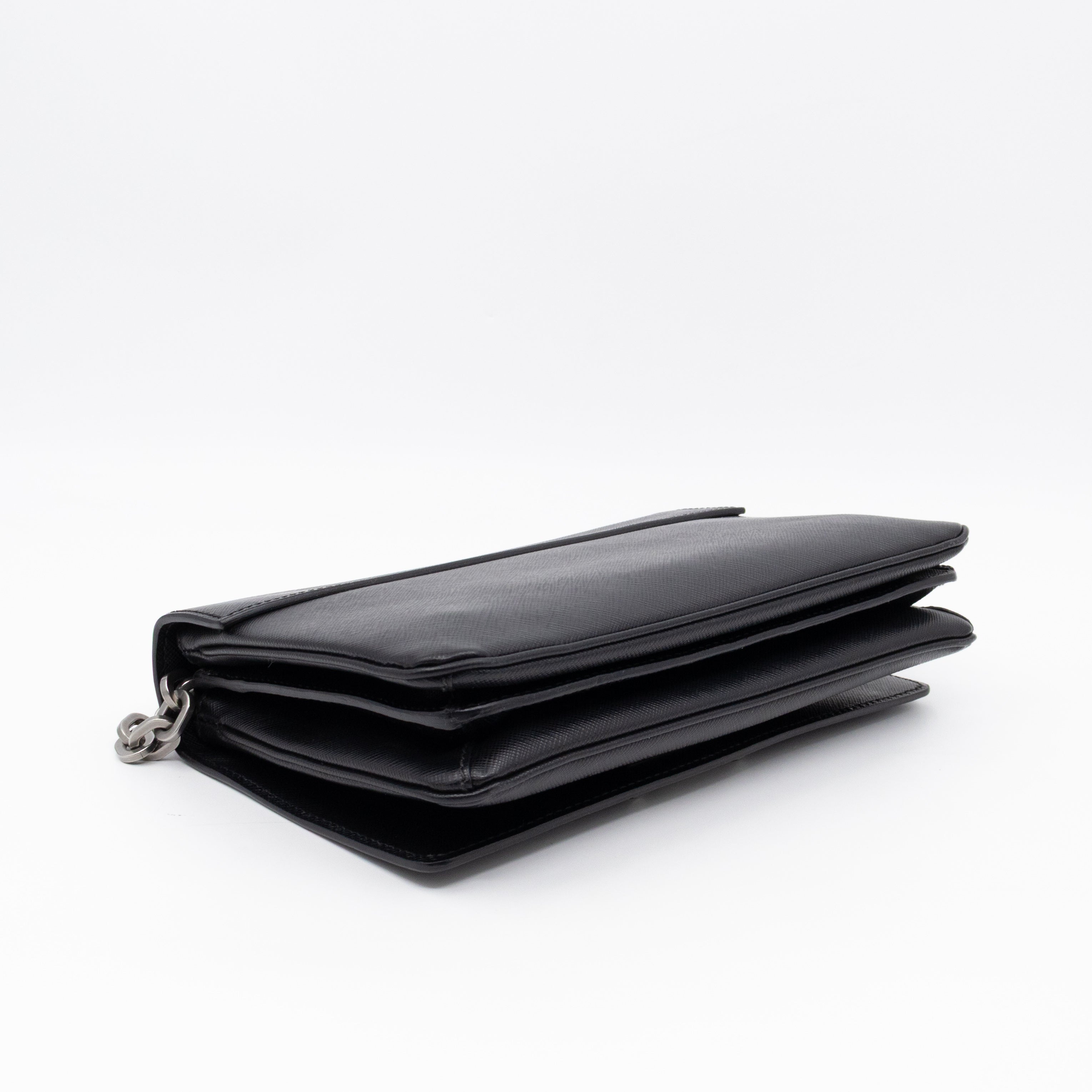 Chain Lock Flap Shoulder Bag Black Saffiano Leather