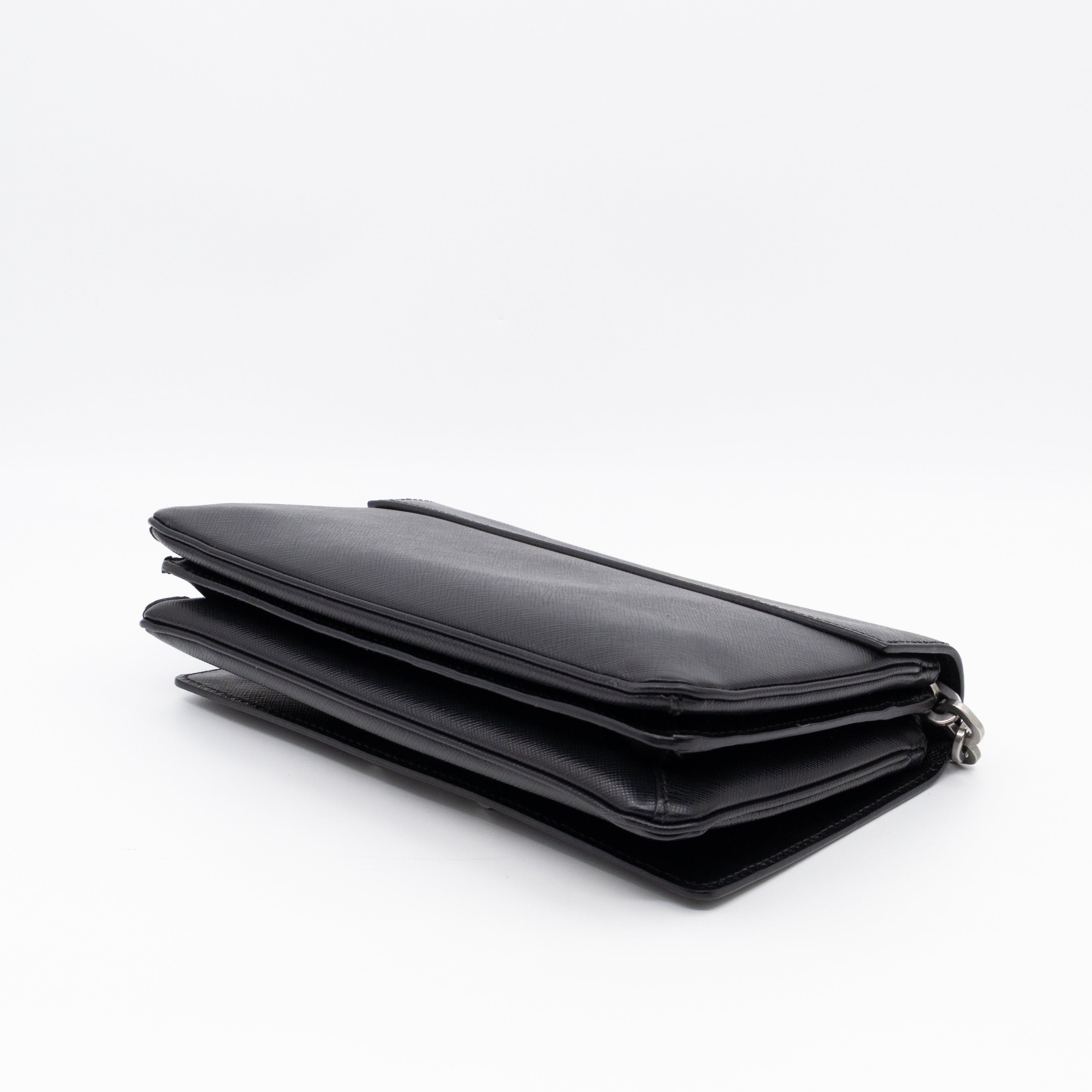 Chain Lock Flap Shoulder Bag Black Saffiano Leather