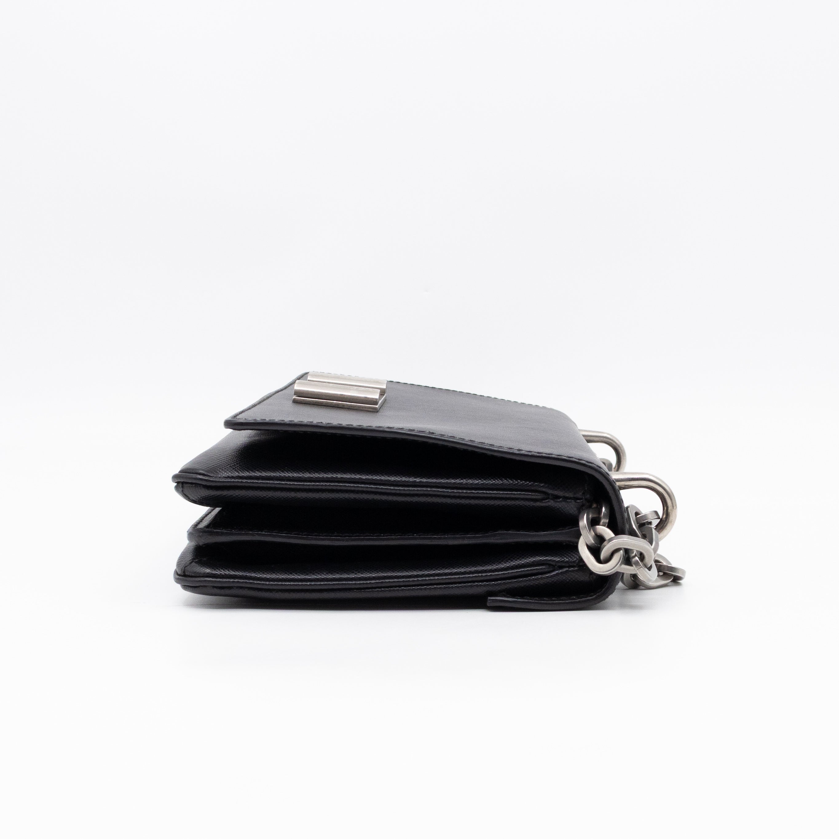 Chain Lock Flap Shoulder Bag Black Saffiano Leather
