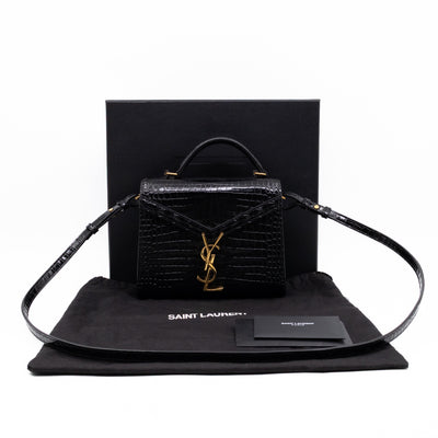 Cassandra Mini Top Handle Black Croc Embossed Leather
