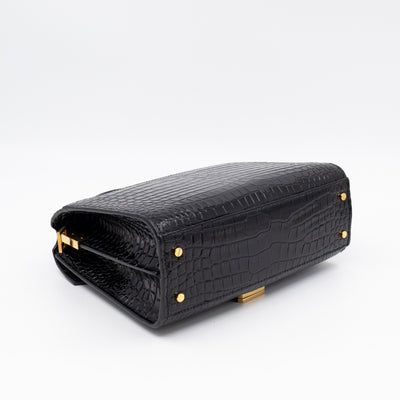 Cassandra Mini Top Handle Black Croc Embossed Leather