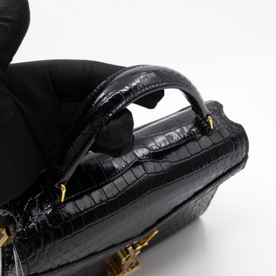 Cassandra Mini Top Handle Black Croc Embossed Leather