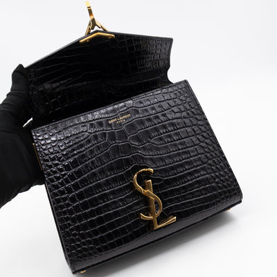 Cassandra Mini Top Handle Black Croc Embossed Leather