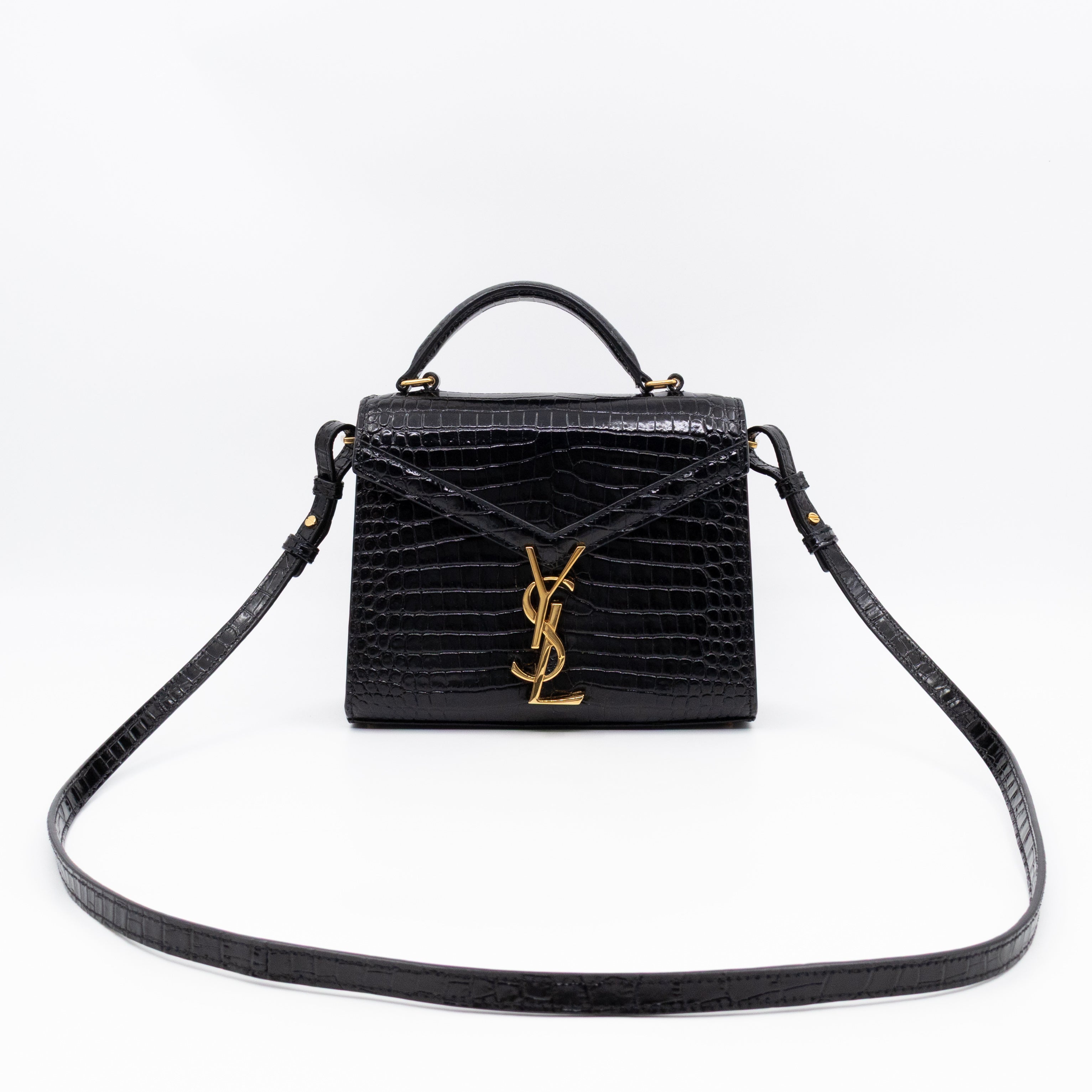 Cassandra Mini Top Handle Black Croc Embossed Leather