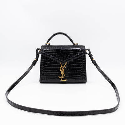 Cassandra Mini Top Handle Black Croc Embossed Leather