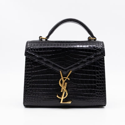 Cassandra Mini Top Handle Black Croc Embossed Leather