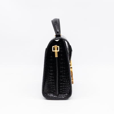 Cassandra Mini Top Handle Black Croc Embossed Leather