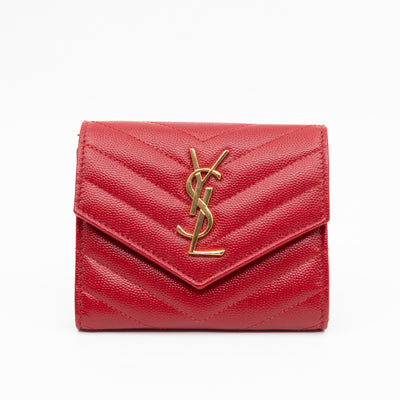 Cassandre Compact Trifold Wallet Red Grained Leather