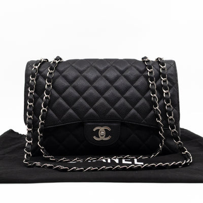 Classic Single Flap Jumbo Black Caviarskin Leather Silver