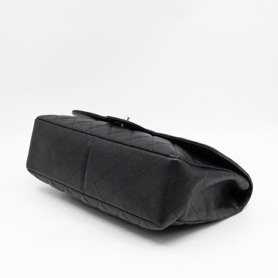 Classic Single Flap Jumbo Black Caviarskin Leather Silver