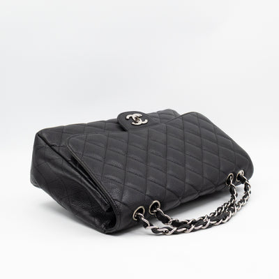 Classic Single Flap Jumbo Black Caviarskin Leather Silver