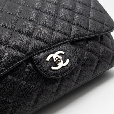Classic Single Flap Jumbo Black Caviarskin Leather Silver