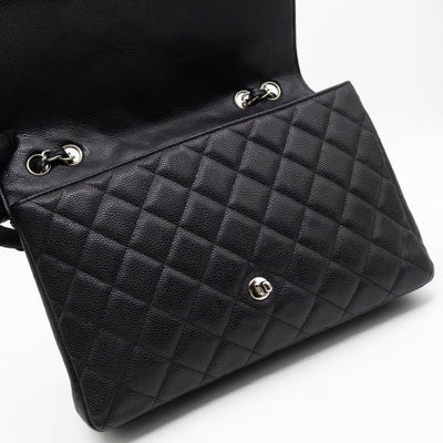 Classic Single Flap Jumbo Black Caviarskin Leather Silver