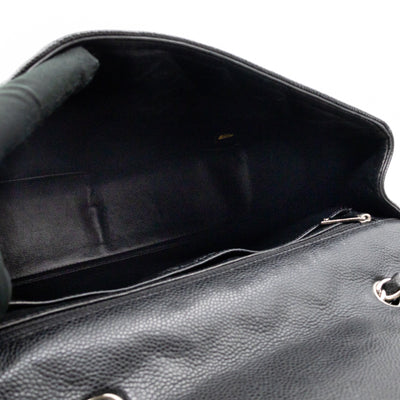 Classic Single Flap Jumbo Black Caviarskin Leather Silver
