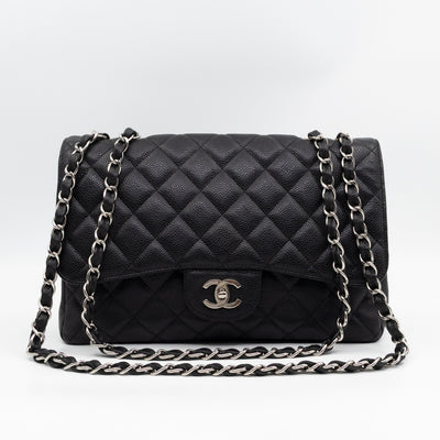Classic Single Flap Jumbo Black Caviarskin Leather Silver