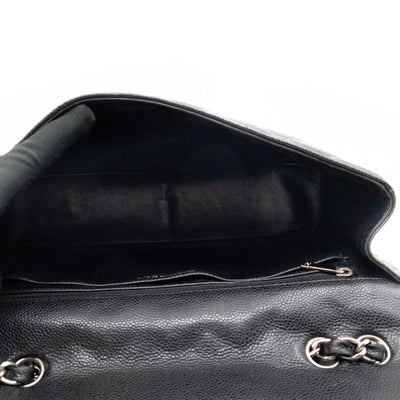 Classic Single Flap Jumbo Black Caviarskin Leather Silver