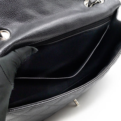 Classic Single Flap Jumbo Black Caviarskin Leather Silver