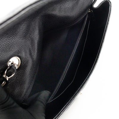 Classic Single Flap Jumbo Black Caviarskin Leather Silver
