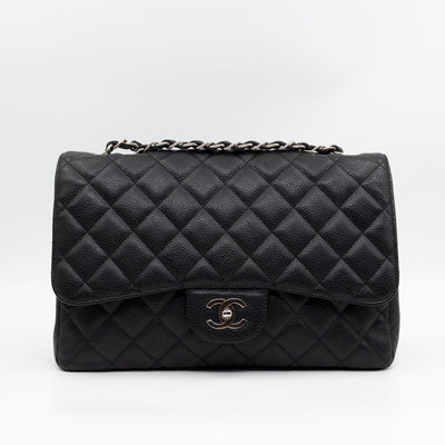 Classic Single Flap Jumbo Black Caviarskin Leather Silver