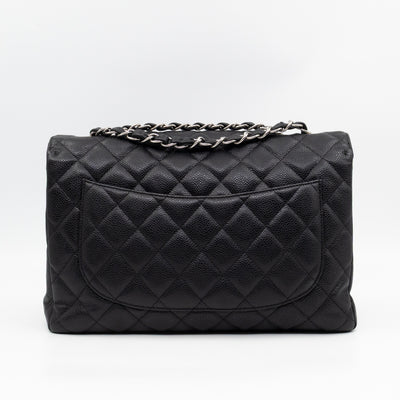 Classic Single Flap Jumbo Black Caviarskin Leather Silver