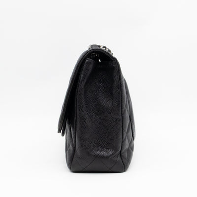 Classic Single Flap Jumbo Black Caviarskin Leather Silver