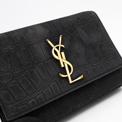 Kate Small Black Croc Embossed Nubuck Leather