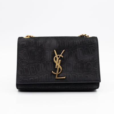 Kate Small Black Croc Embossed Nubuck Leather