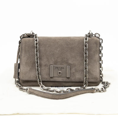 Chain Flap Shoulder Bag Grey Suede