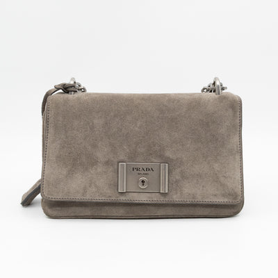 Chain Flap Shoulder Bag Grey Suede