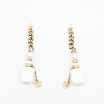 Perfume Bottle 5 Pearl Drop Earrings White Light Gold
