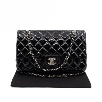 Classic Double Flap Medium Black Patent Leather Silver