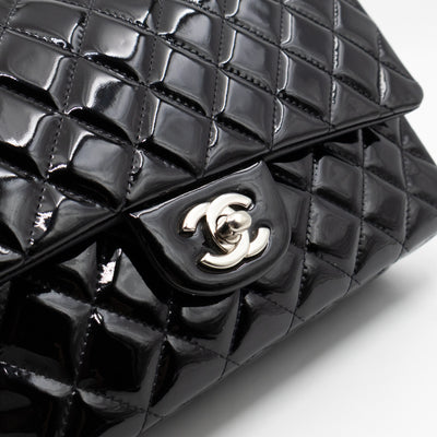 Classic Double Flap Medium Black Patent Leather Silver