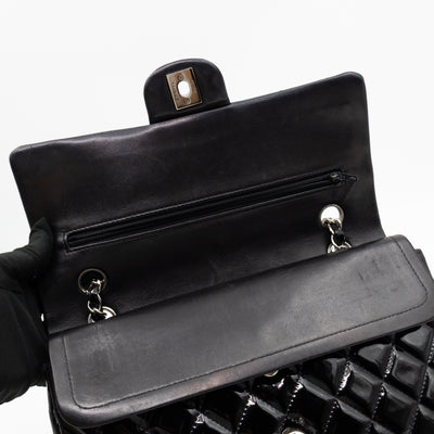 Classic Double Flap Medium Black Patent Leather Silver