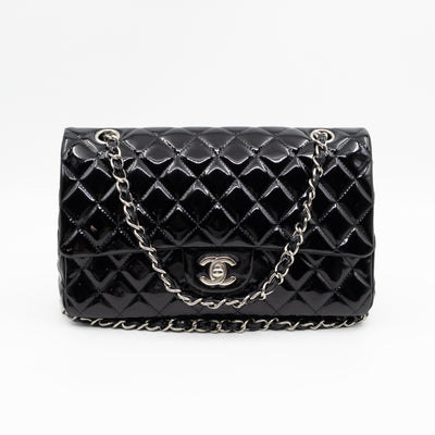 Classic Double Flap Medium Black Patent Leather Silver